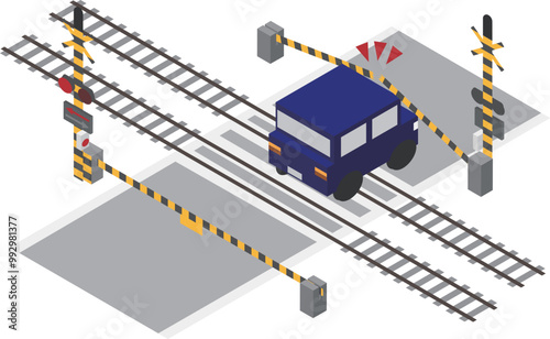 アイソメトリックな遮断機を壊して通行した車のイメージ素材