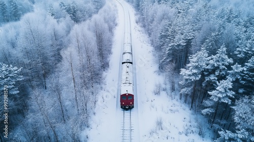 An aerial view captures a small train traveling along a narrow gauge railway in the winter landscape of Kirovo-Chepetsk, Kirov region, Russia. photo