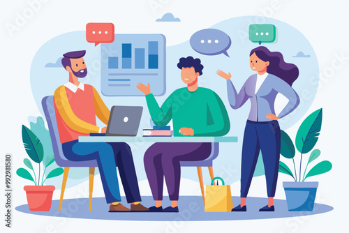 Three colleagues collaborate at a desk, discussing data insights while surrounded by plants and graphic charts, Customizable semi-flat illustration for discussion.