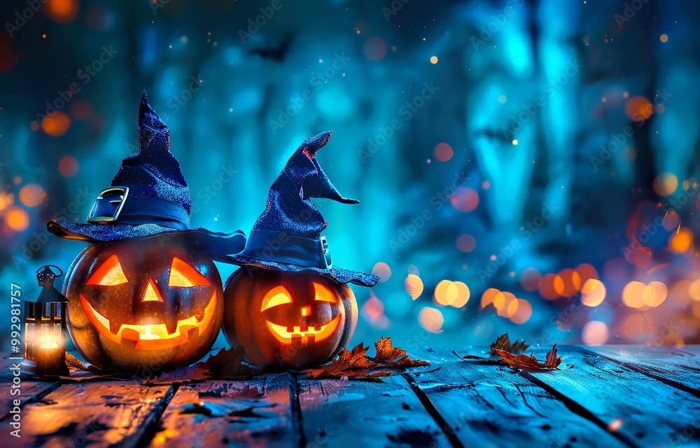 Fototapeta premium Pumpkins with glowing faces and wizard hats on wooden floor