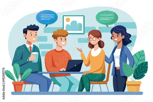 Four young individuals engage in a collaborative discussion around a table, sharing ideas, Customizable semi-flat illustration for discussion.