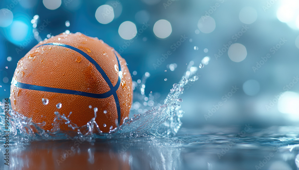 Basketball partially submerged in water, causing a splash Basketball partially submerged in water, causing a splash