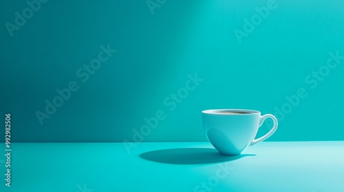 A white coffee cup with a light shadow sits on a bright turquoise surface.