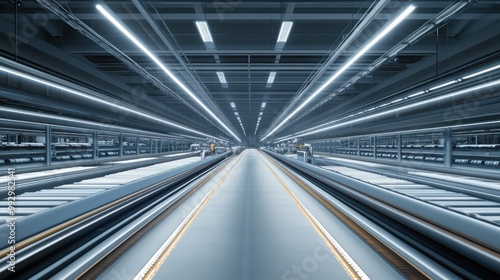 A futuristic, illuminated corridor in a modern industrial setting.
