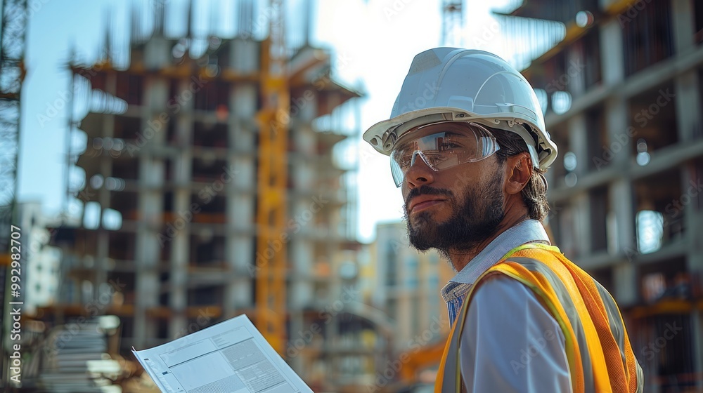 A engineer wearing a white helmet in a construction site. Generative AI. A engineer wearing a white helmet in a construction site. Generative AI.