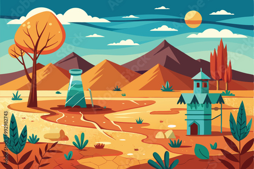A vivid illustration shows a dry landscape with a cracked ground, mountains, a lone tree, and a water bottle, Customizable semi-flat illustration for drought.
