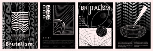 Brutalist monochrome posters with 3D wireframe shapes in Y2K style, cyberpunk geometric elements in psychedelic aesthetic. Retrofuturistic shapes and elements rave composition. Vector illustration.