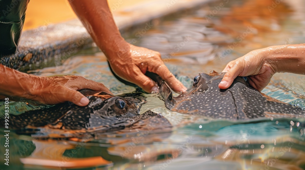 Stingray Touch Pool: An engaging, shallow pool inviting visitors to gently touch the smooth backs of stingrays as they gracefully swim by in a tranquil environment.
Stingray Touch Pool: An engaging, shallow pool inviting visitors to gently touch the smooth backs of stingrays as they gracefully swim by in a tranquil environment.