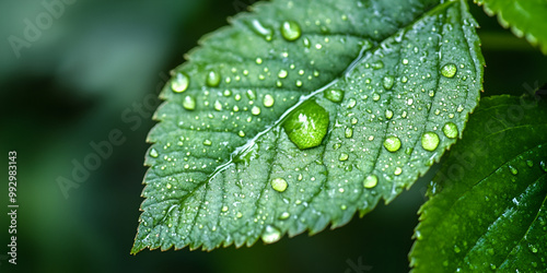 Fresh Dew Drops on Green Leaf