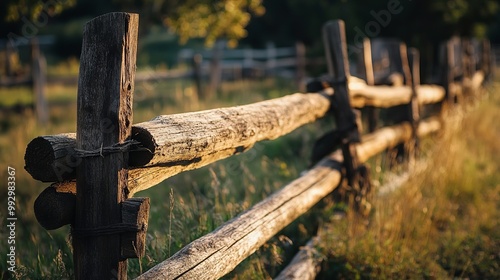 A handmade old wooden logs fence stands sturdy on a farm, showcasing rustic craftsmanship and natural charm.