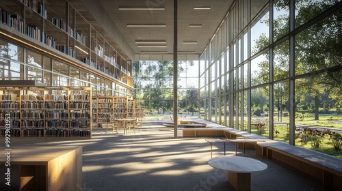 Realistic view of a new public library construction, capturing the modern design with large windows and reading nooks photo