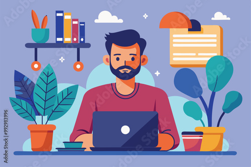 A freelancer sits at a desk with a laptop, focused on work while surrounded by plants and books, Customizable semi-flat illustration for freelancers.