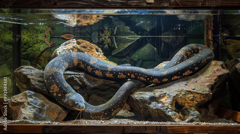 Fototapeta premium Electric Eel Tank: Discover electric eels in a captivating tank, illuminated with low lighting and informative displays about their electricity generation and behavior. 