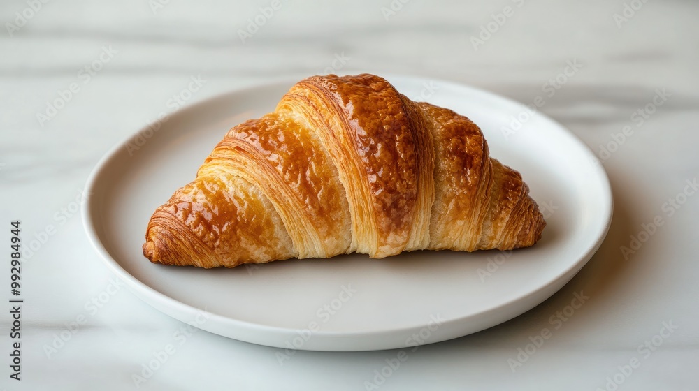A single croissant with a perfect golden-brown finish, sitting on a white plate against a neutral background, focusing on its texture and layers. A single croissant with a perfect golden-brown finish, sitting on a white plate against a neutral background, focusing on its texture and layers.