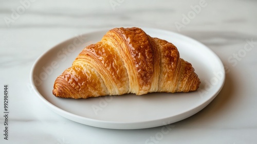 A single croissant with a perfect golden-brown finish, sitting on a white plate against a neutral background, focusing on its texture and layers.