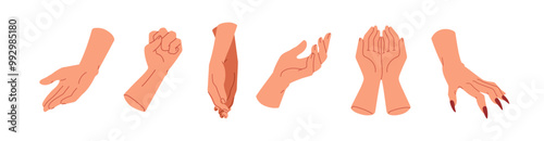 Hand gestures and signs set. Open palms, holding, giving, clenching fingers in fist, claws and cupped pose. Body language with arm expressions. Flat vector illustration isolated on white background