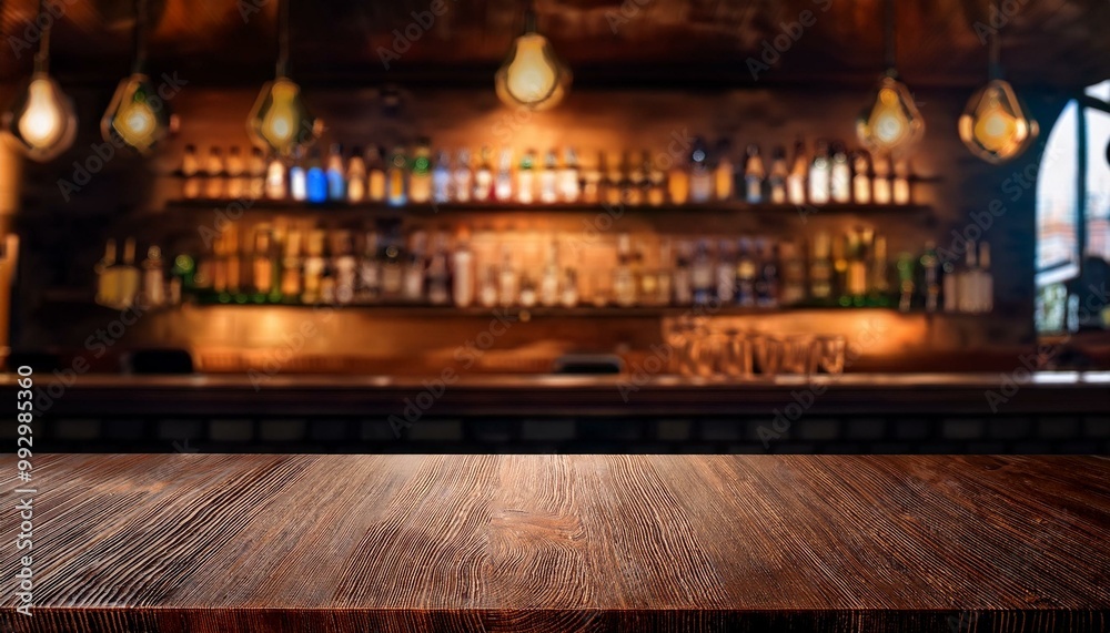 Obraz premium Wooden brown tabletop on the background of a blur bar. Blank countertop mockup for product presentation. Clean platform for drinks. bar in the night