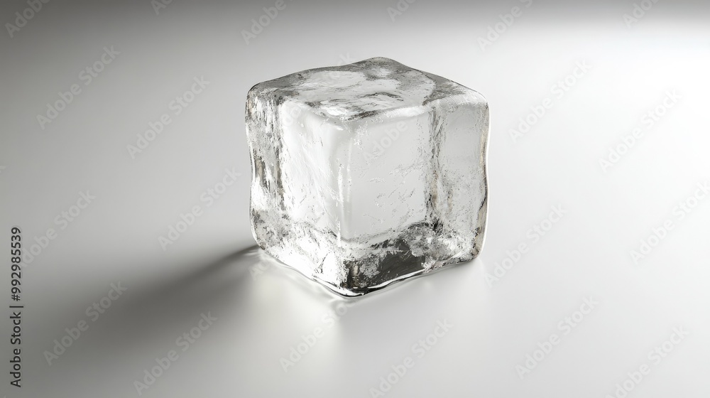 A single ice cube with visible cracks and reflections, isolated on a smooth white surface, perfect for cooling or beverage branding. A single ice cube with visible cracks and reflections, isolated on a smooth white surface, perfect for cooling or beverage branding.