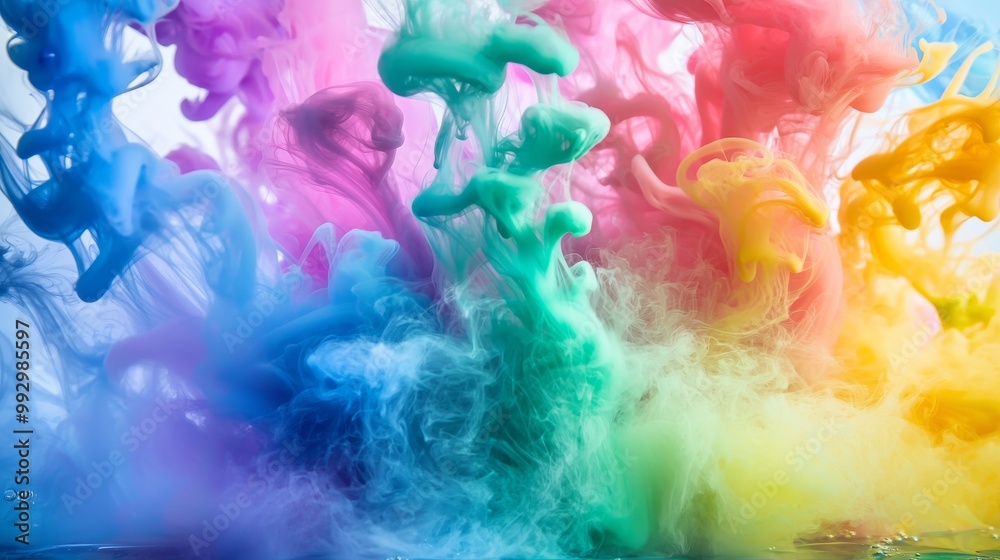 Fototapeta premium A vibrant explosion of colorful smoke in shades of blue, pink, green, and yellow creates a dynamic abstract art piece.