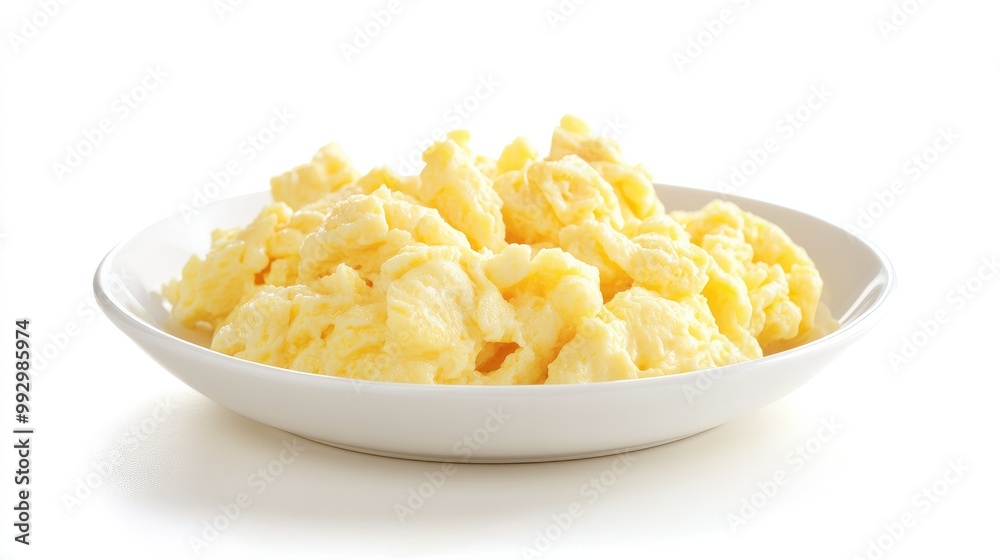 A small plate of scrambled eggs, softly folded and golden, positioned on a white background to create a clean and minimalist food image. A small plate of scrambled eggs, softly folded and golden, positioned on a white background to create a clean and minimalist food image.