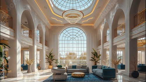 Luxurious modern architecture with an Arabic style, featuring large, tall ceilings and arched windows. surrounded by sofas. Beautiful lighting fixtures adorn the high ceilings and a large window.