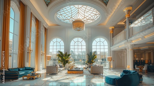 Luxurious modern architecture with an Arabic style, featuring large, tall ceilings and arched windows. surrounded by sofas. Beautiful lighting fixtures adorn the high ceilings and a large window.