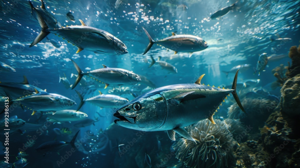 Fototapeta premium Open Ocean Exhibit: A striking tank imitating the open sea, filled with large pelagic species like tuna and barracuda, alongside schools of glistening fish swimming gracefully. 