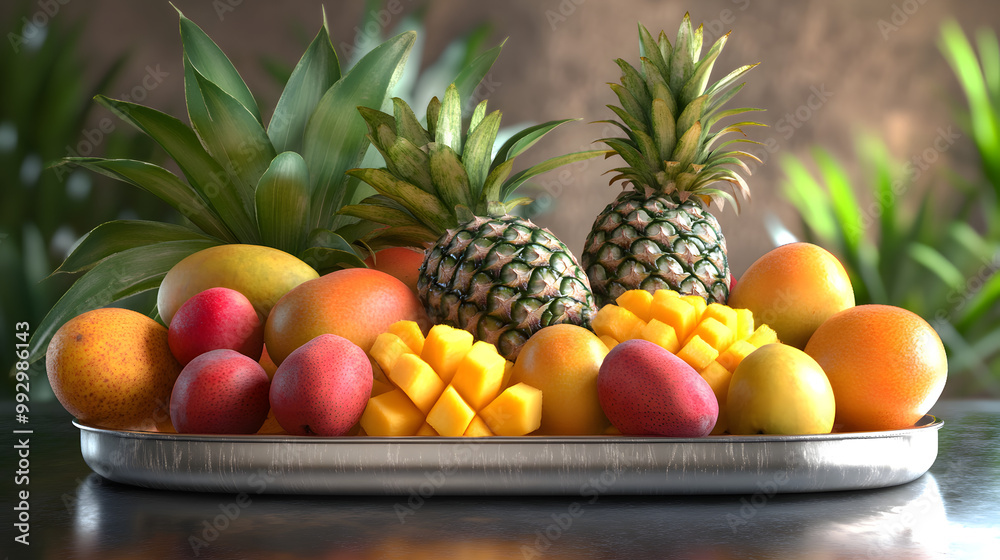 A Collection of Fresh Tropical Fruits on a Polished Metal Tray with Bright Colors and Glossy Textures Creating a Dynamic Visual A Collection of Fresh Tropical Fruits on a Polished Metal Tray with Bright Colors and Glossy Textures Creating a Dynamic Visual