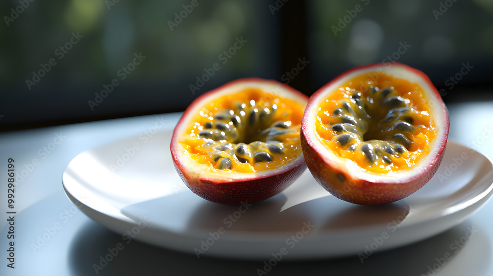 A Sliced Passion Fruit on a Polished Ceramic Plate with Vibrant Yellow Pulp and Dark Seeds Creating a Striking Contrast A Sliced Passion Fruit on a Polished Ceramic Plate with Vibrant Yellow Pulp and Dark Seeds Creating a Striking Contrast