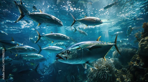 Open Ocean Exhibit: A striking tank imitating the open sea, filled with large pelagic species like tuna and barracuda, alongside schools of glistening fish swimming gracefully. 