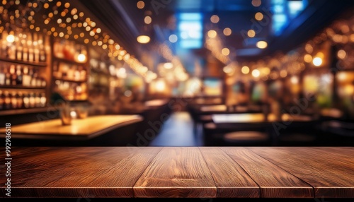 Wooden brown tabletop on the background of a blur bar. Blank countertop mockup for product presentation. Clean platform for drinks. bar in the night