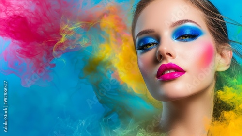 Stunning young Caucasian woman with vibrant makeup and colorful smoke background, exuding confidence and creativity.