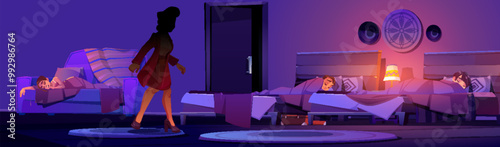 Female thief secretly sneaking in kids bedroom at night. Vector cartoon illustration of unknown woman walking dark room with children sleeping in beds, burglar looking for things to steal, crime scene