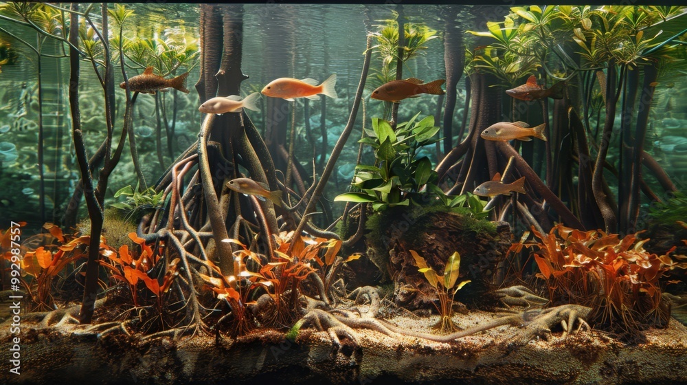 Mangrove Exhibit: A vibrant habitat featuring mangrove tree roots that shelter juvenile fish, crabs, and shrimp, highlighting the ecosystem's vital role.
Mangrove Exhibit: A vibrant habitat featuring mangrove tree roots that shelter juvenile fish, crabs, and shrimp, highlighting the ecosystem's vital role.