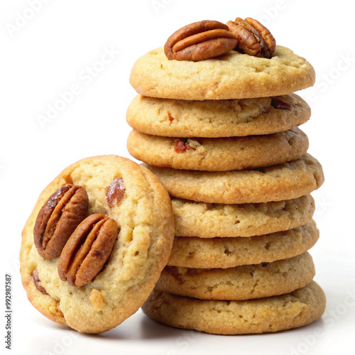 A stack of homemade pecan sandies cookies topped with whole pecans, arranged neatly against a white background. photo