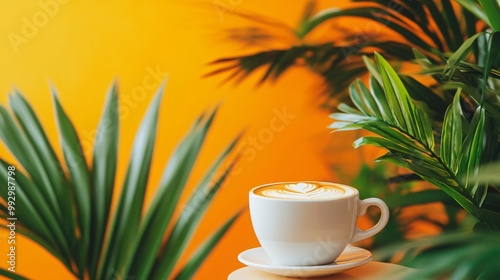 A white cup of latte art coffee on a table with green plants and an orange background.