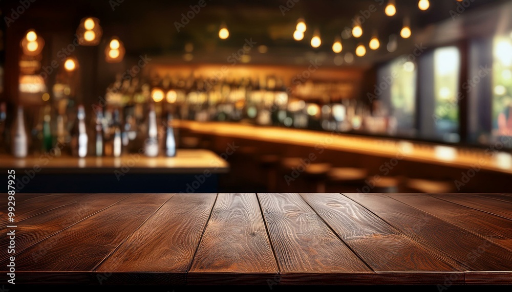 Wooden brown tabletop on the background of a blur bar. Blank countertop mockup for product presentation. Clean platform for drinks. bar in the night Wooden brown tabletop on the background of a blur bar. Blank countertop mockup for product presentation. Clean platform for drinks. bar in the night