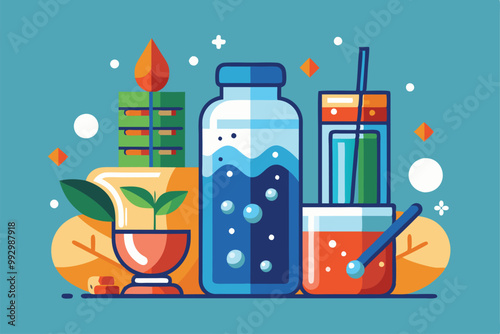 A vibrant illustration featuring different hydration containers and greenery, showcasing a refreshing theme, Customizable semi-flat illustration for hydration.