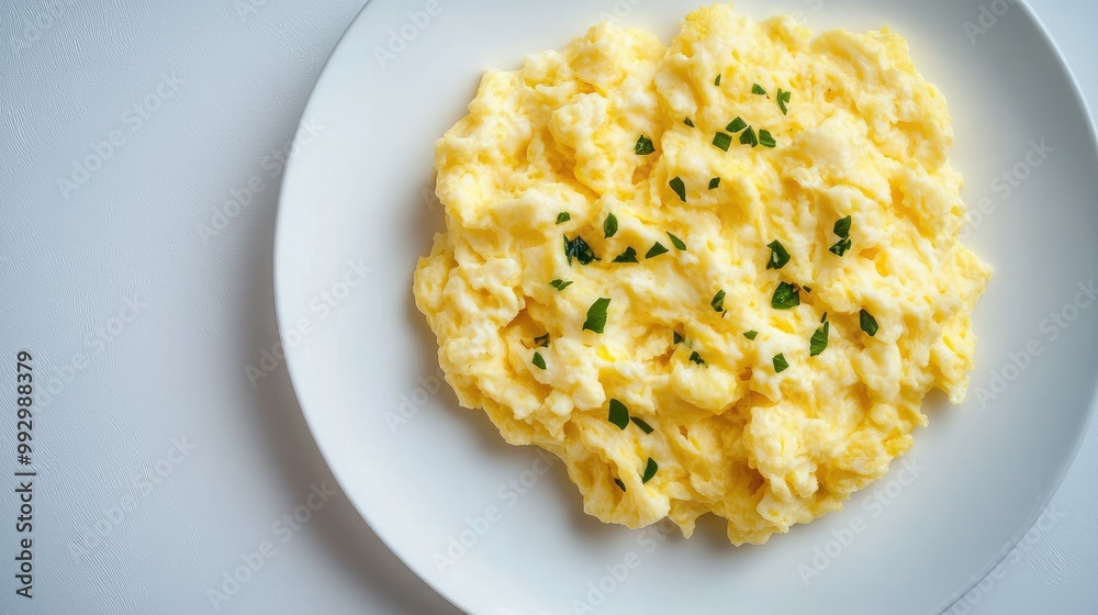 Close-up of creamy scrambled eggs, served on a white plate against a plain white background, showcasing a minimalist food presentation. Close-up of creamy scrambled eggs, served on a white plate against a plain white background, showcasing a minimalist food presentation.