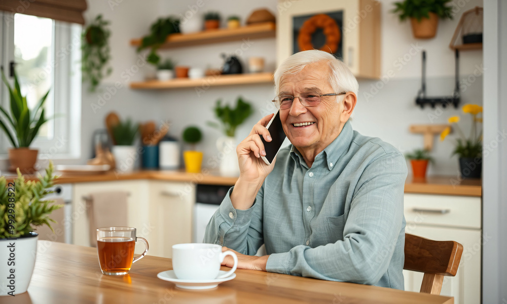 An elderly person sitting at a kitchen table speaking on a smartphone with a joyful expression An elderly person sitting at a kitchen table speaking on a smartphone with a joyful expression
