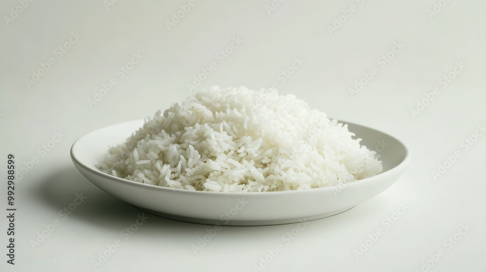 Fluffy white rice neatly arranged on a white plate, set against a white backdrop, creating a minimalist and clean food presentation. Fluffy white rice neatly arranged on a white plate, set against a white backdrop, creating a minimalist and clean food presentation.