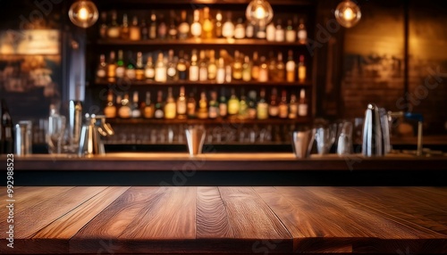 Wooden brown tabletop on the background of a blur bar. Blank countertop mockup for product presentation. Clean platform for drinks. bar in the night