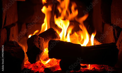 Close-up of a crackling fireplace warm glowing embers and flickering flames casting a golden light