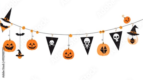 Halloween party banners featuring pumpkins, witches, and skulls, hanging against a white backdrop, ready for a spooky celebration.
