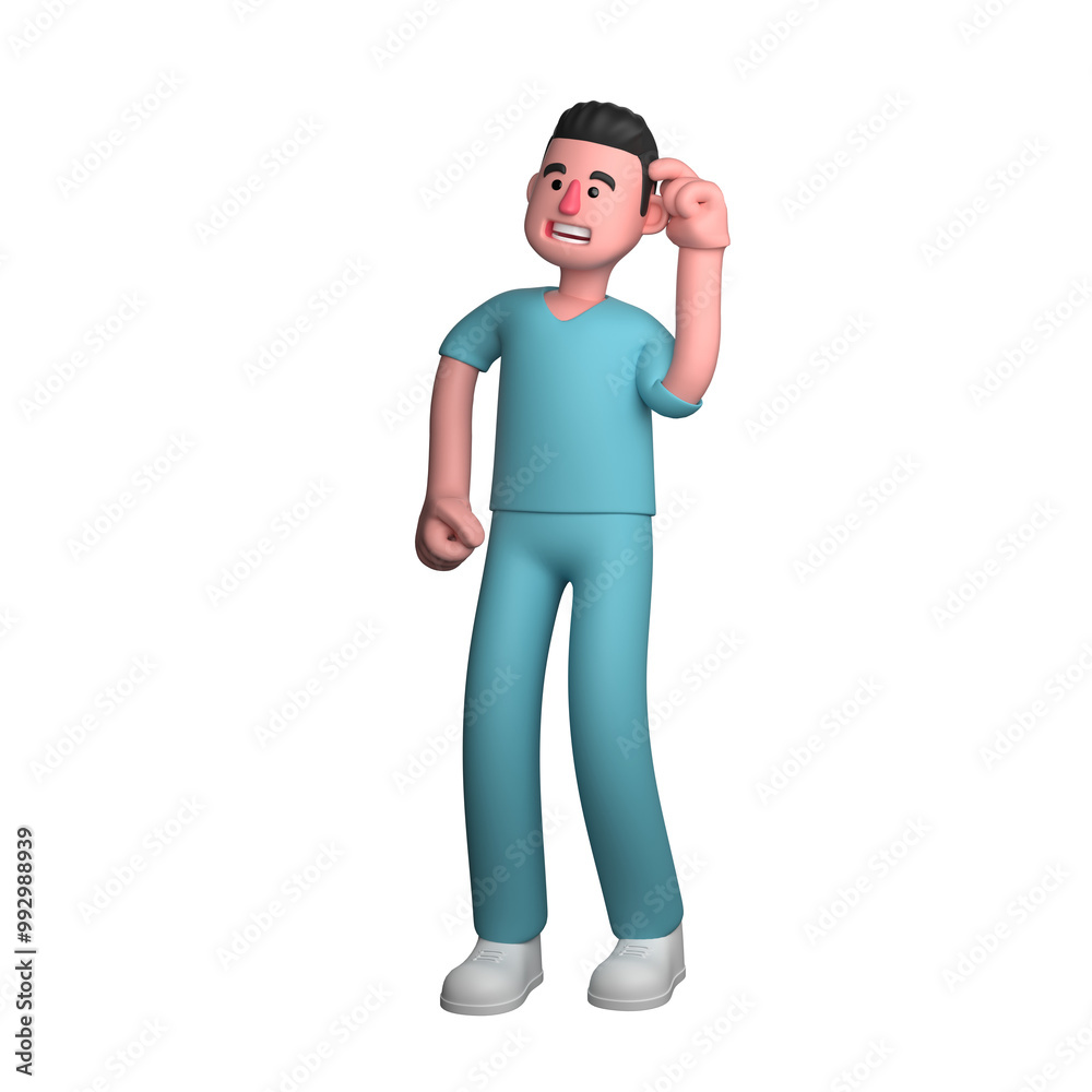 Fototapeta premium Healthcare Professional Male. A male nurse is seen holding his earlobe with his notification hand, as if he wants to listen more clearly. 3D Nurse Cartoon