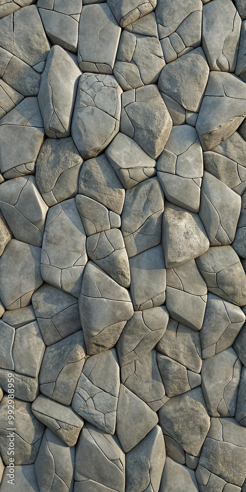 A detailed view of a textured stone wall, showcasing a variety of shaped stones with a rugged, natural look.
