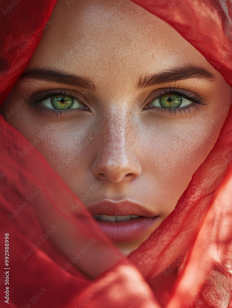 A woman with green eyes is wearing a red scarf A woman with green eyes is wearing a red scarf