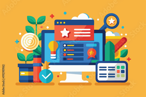 A colorful illustration features a computer displaying information technology tools among plants and icons, Customizable semi-flat illustration for information tab.