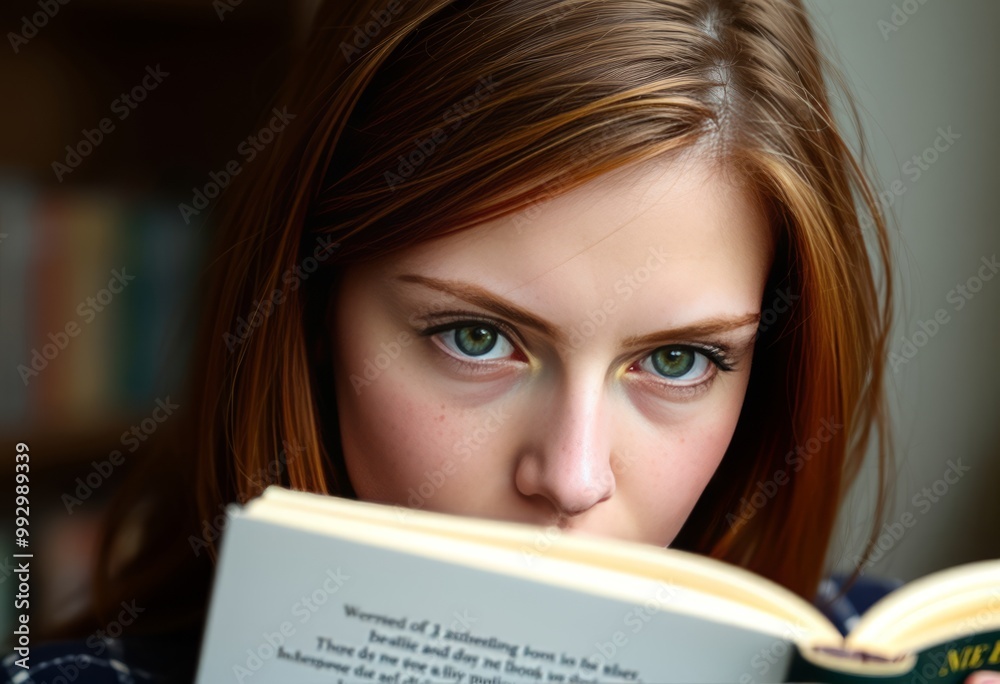A young woman with freckles and auburn hair her green eyes focus A young woman with freckles and auburn hair her green eyes focus