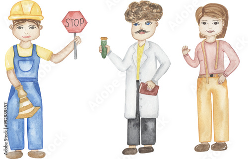 Watercolor cute people in professions illustration set, educational clipart, roadworker, scientist and tailor clip art photo